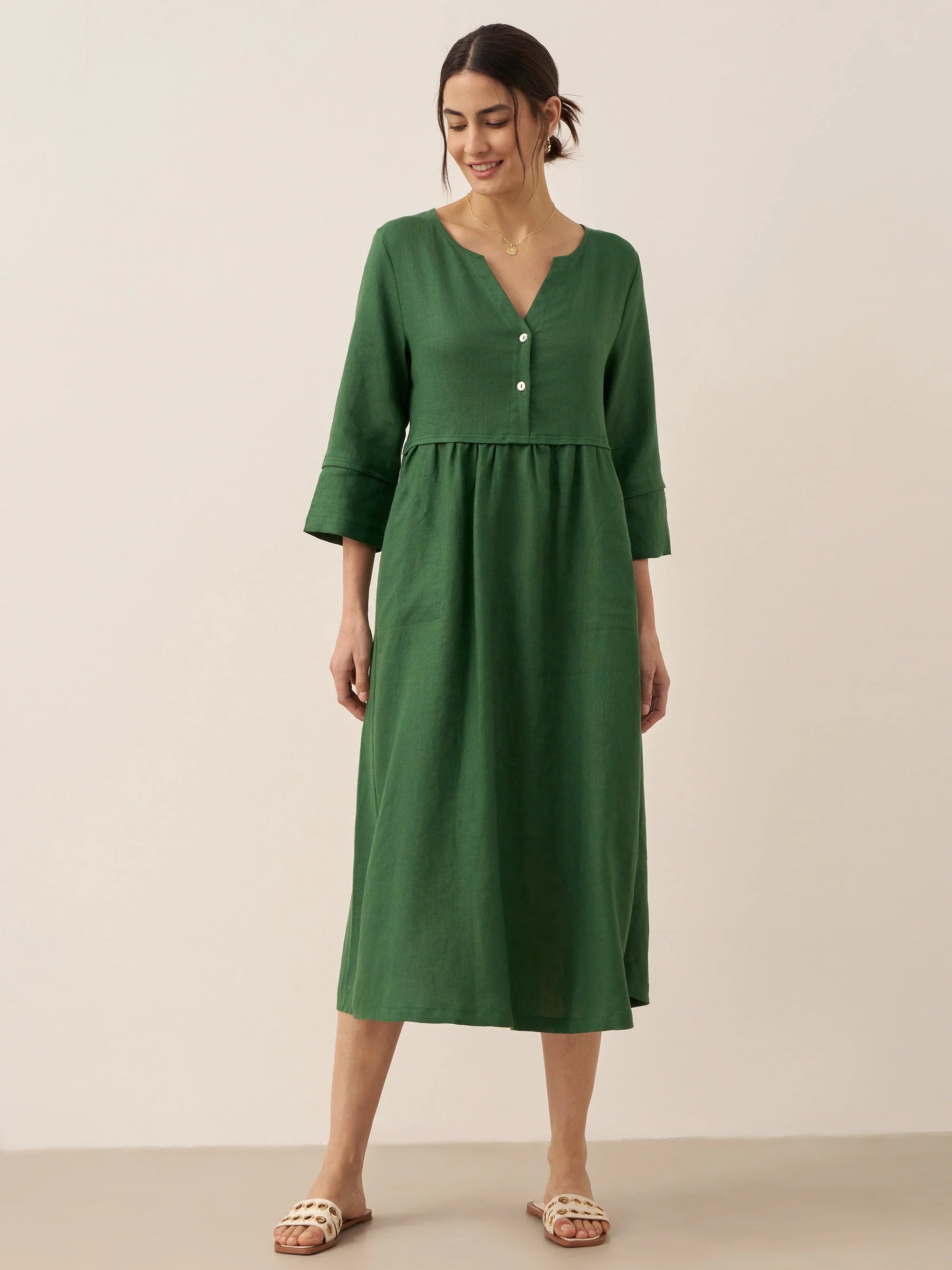 100% Linen Loose Fit Button Waist Gathered Midi Dress LUNA
