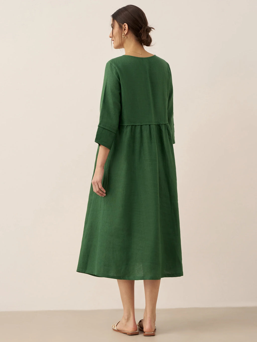 100% Linen Loose Fit Button Waist Gathered Midi Dress LUNA