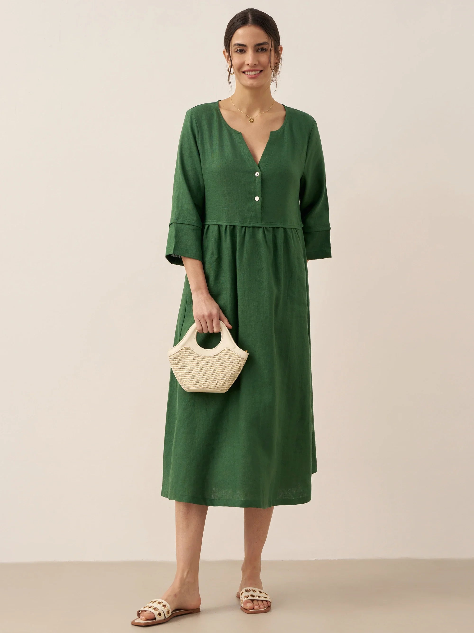 100% Linen Loose Fit Button Waist Gathered Midi Dress LUNA