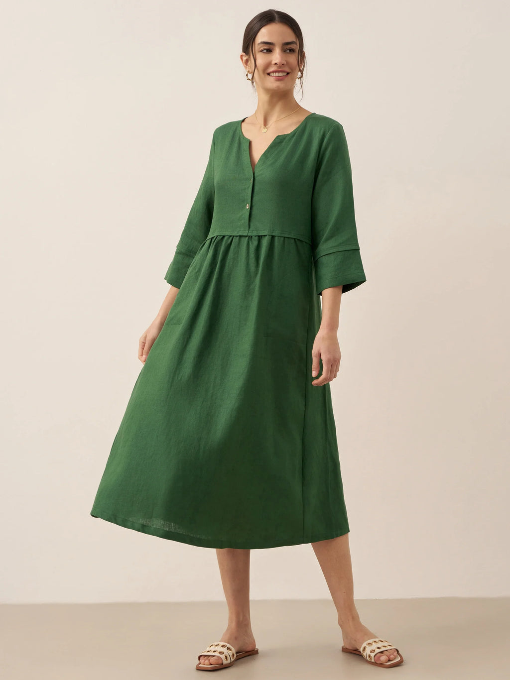 100% Linen Loose Fit Button Waist Gathered Midi Dress LUNA