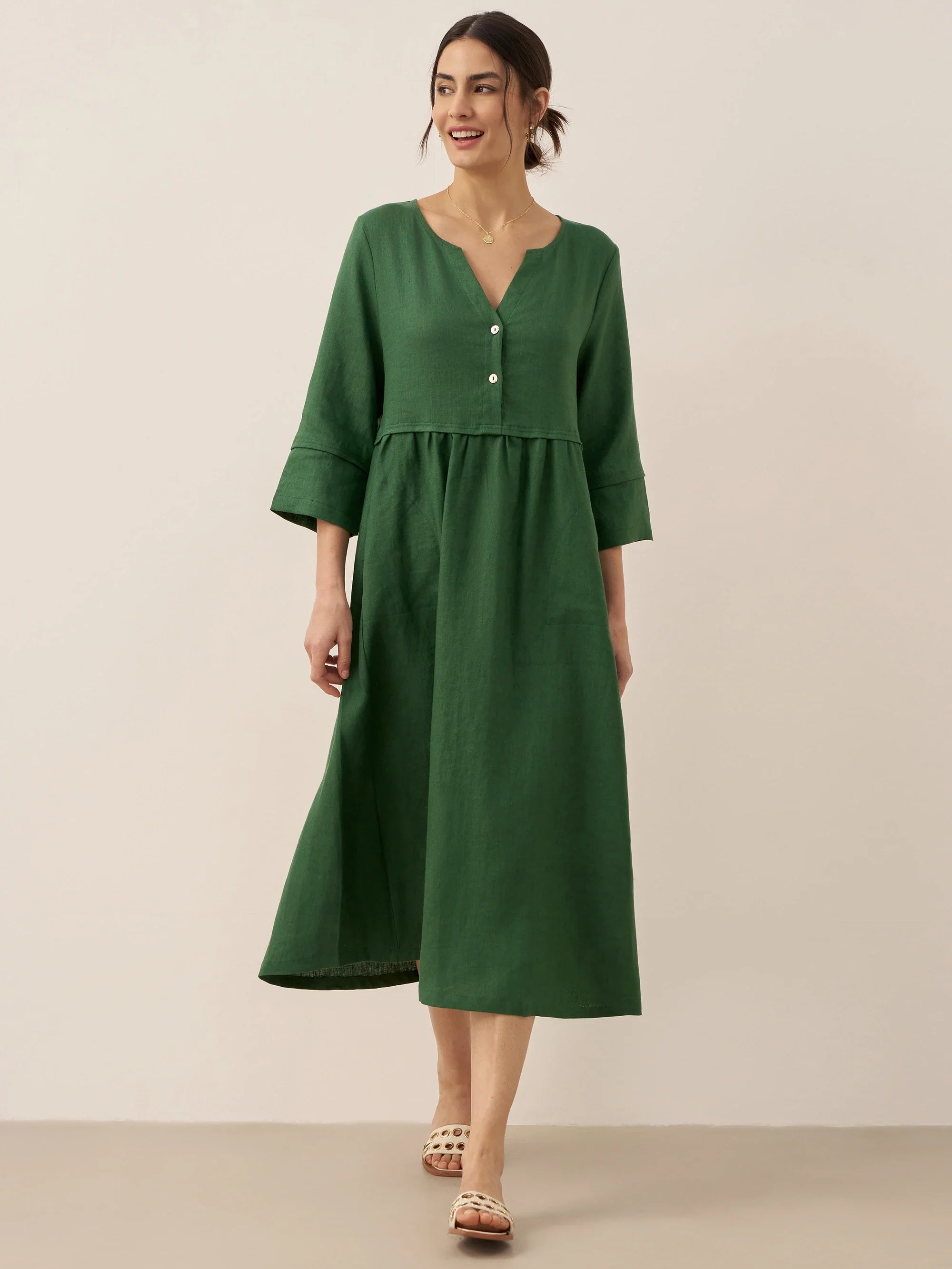 100% Linen Loose Fit Button Waist Gathered Midi Dress LUNA
