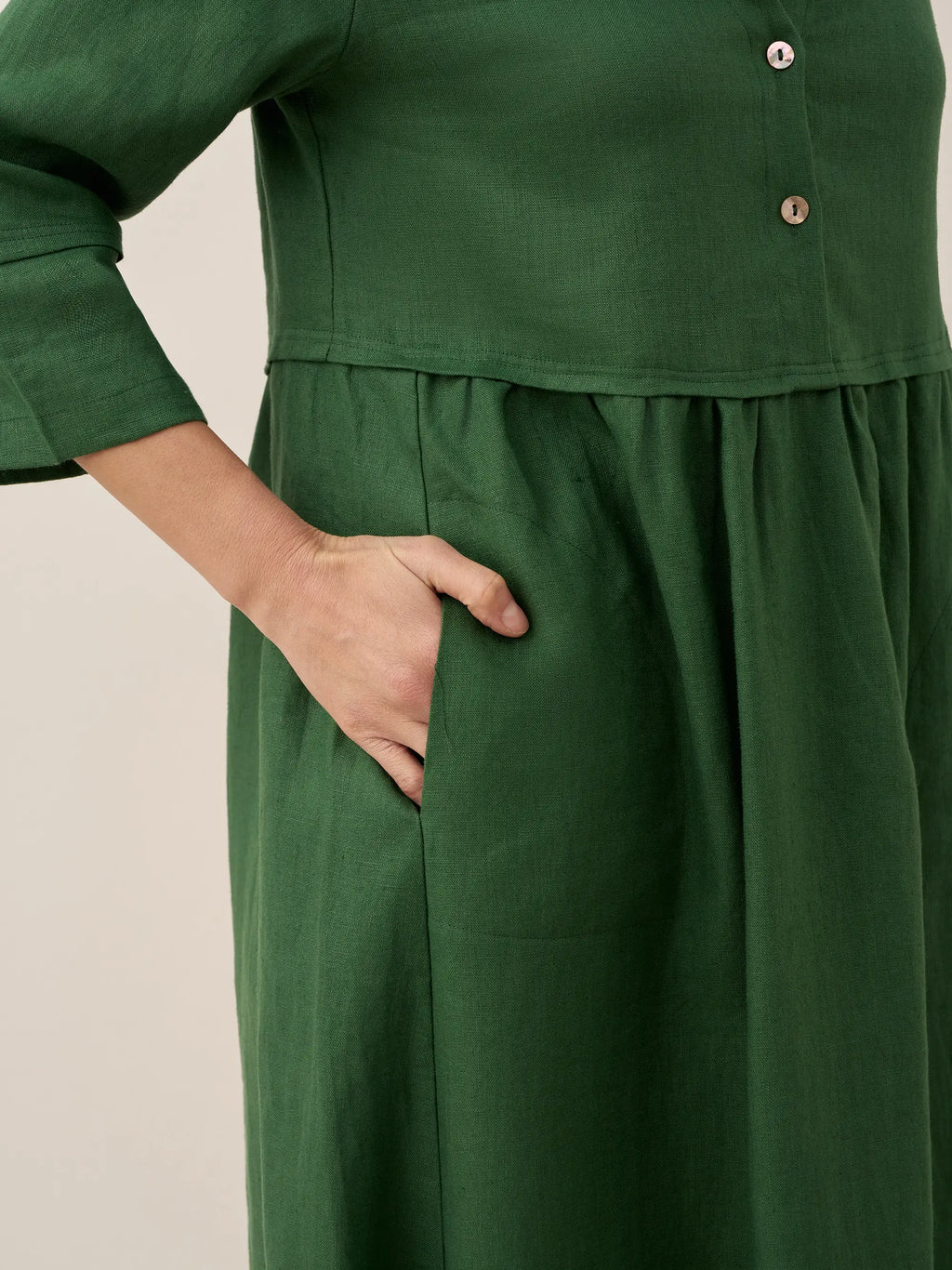 100% Linen Loose Fit Button Waist Gathered Midi Dress LUNA