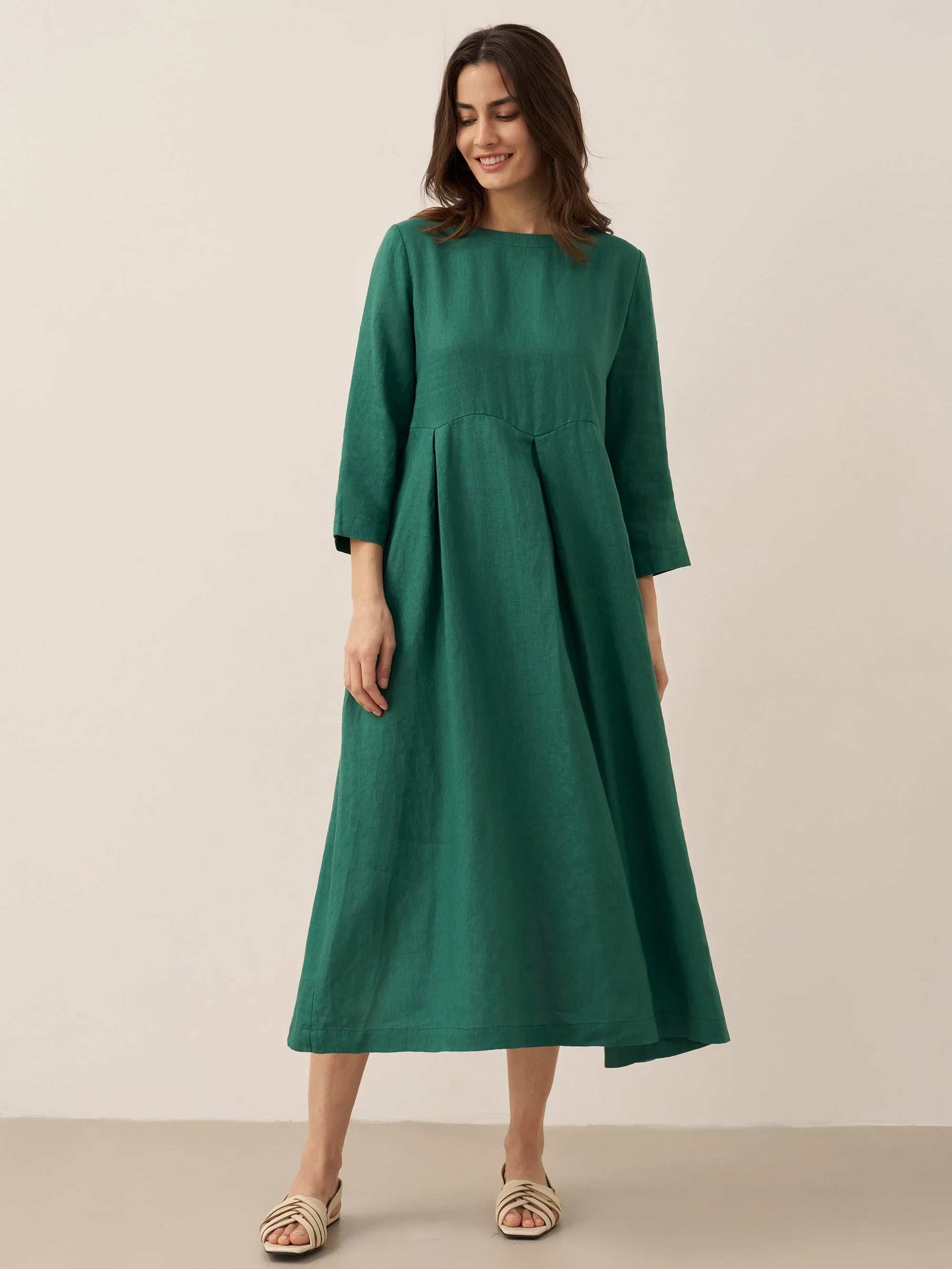 100% Linen Bateau Neck Pleated Midi Dress ABIGAIL