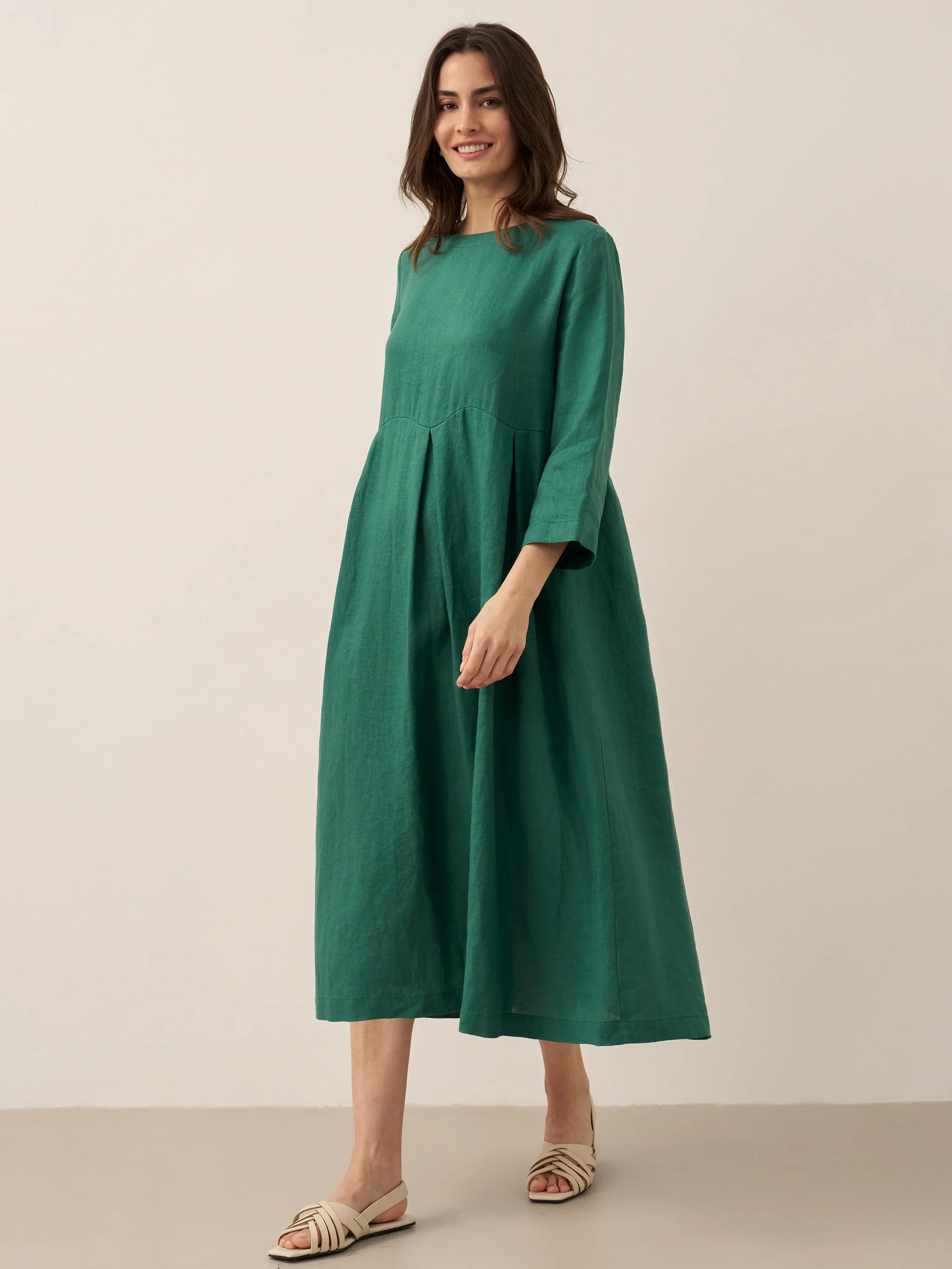 100% Linen Bateau Neck Pleated Midi Dress ABIGAIL