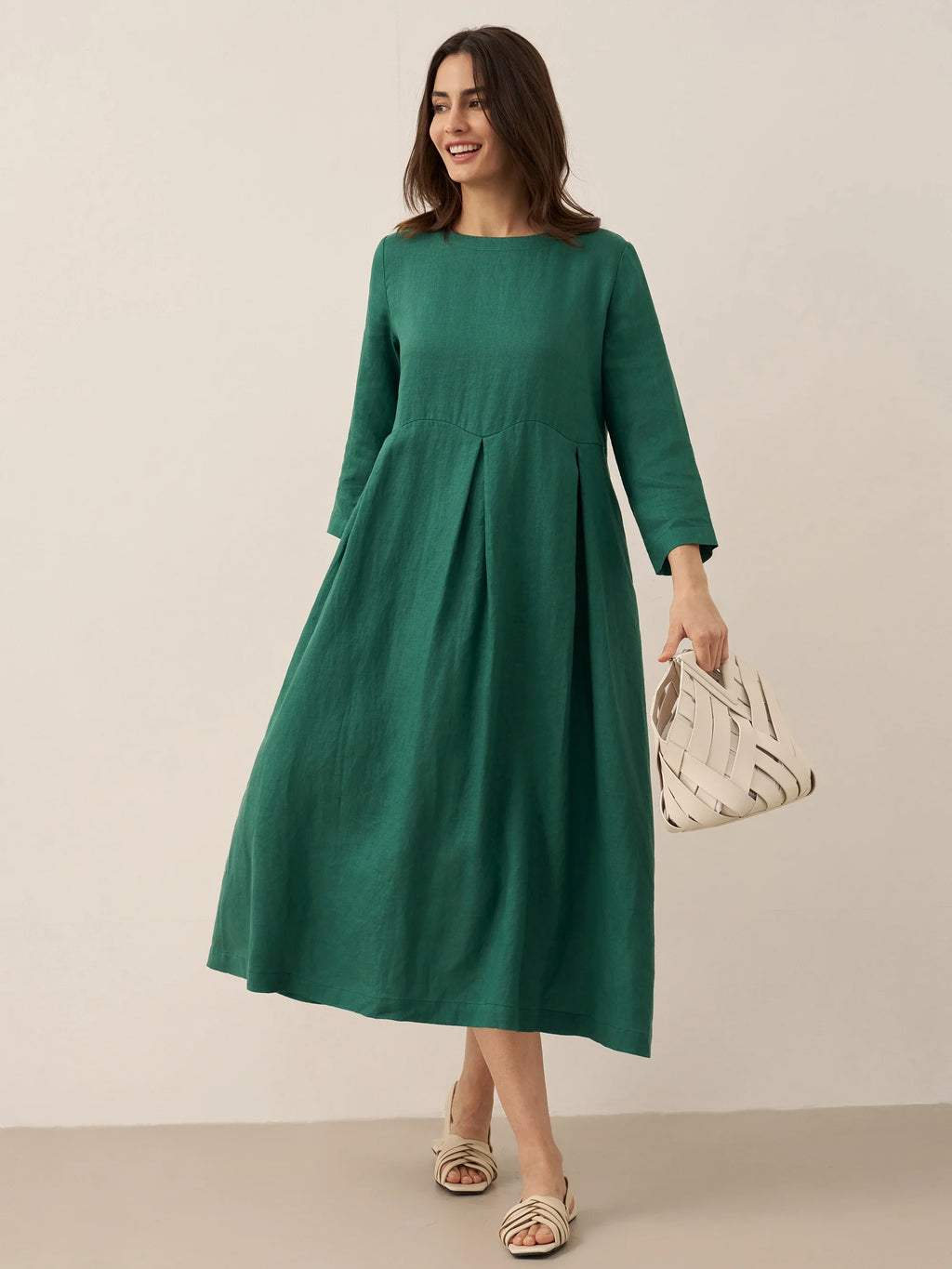 100% Linen Bateau Neck Pleated Midi Dress ABIGAIL