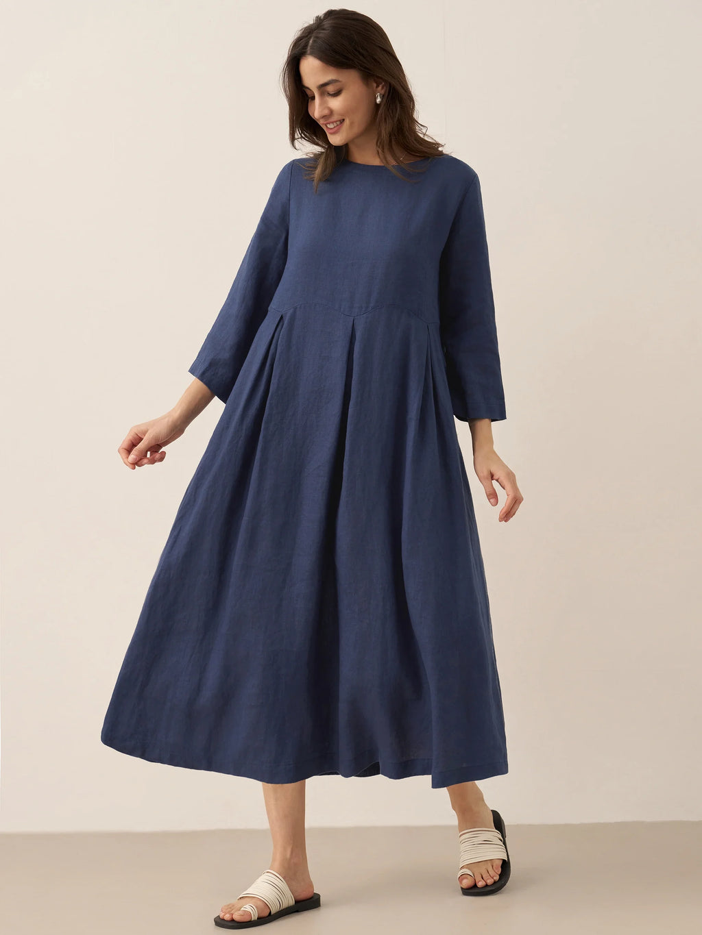 100% Linen Bateau Neck Pleated Midi Dress ABIGAIL