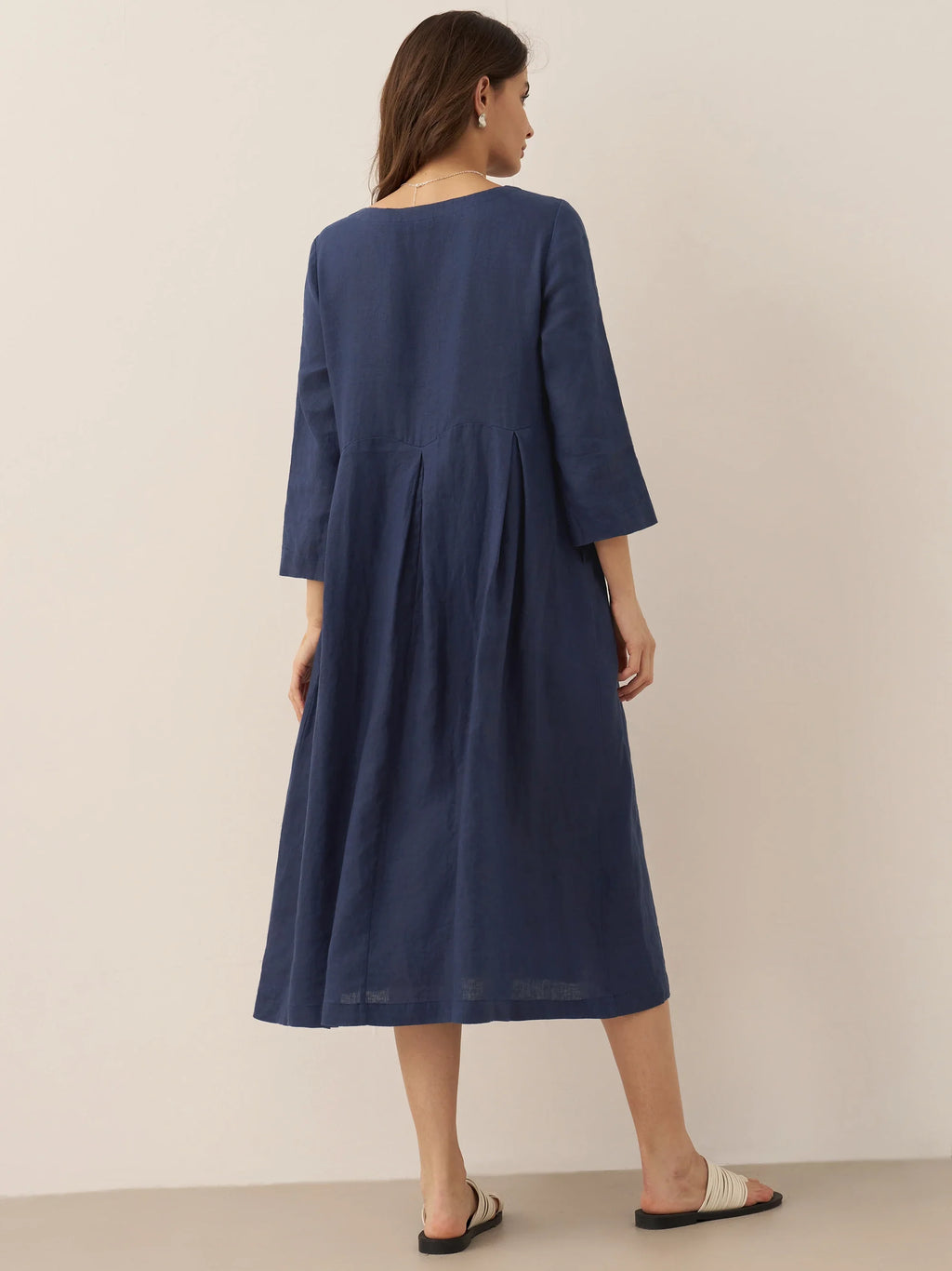 100% Linen Bateau Neck Pleated Midi Dress ABIGAIL