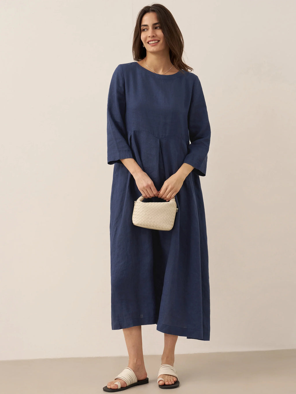 100% Linen Bateau Neck Pleated Midi Dress ABIGAIL