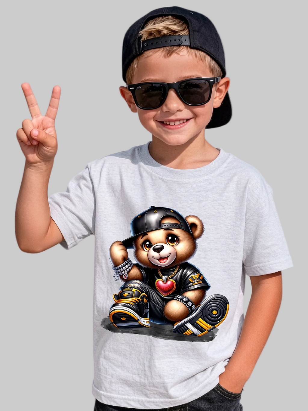 Boys Black Hat Teddy Bear Short Sleeve T-Shirt
