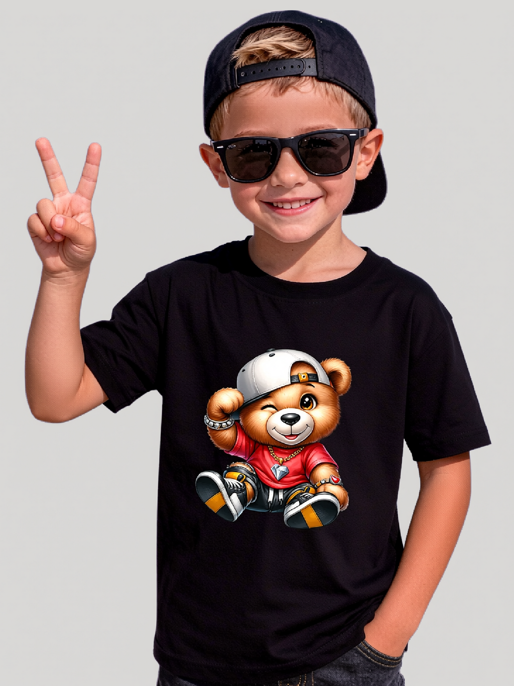 Boys Teddy Bear White Hat Short Sleeve T-Shirt