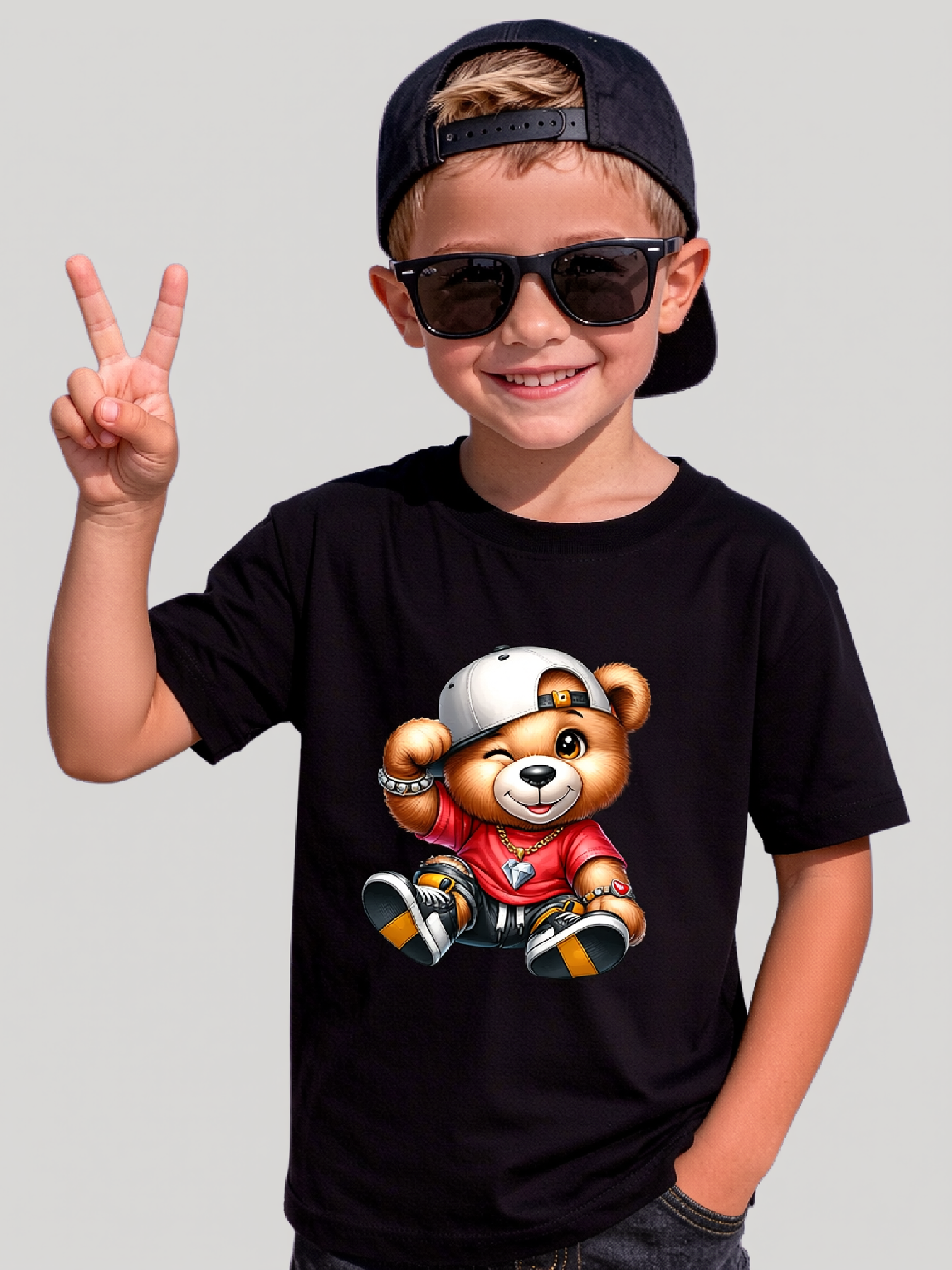 Boys Teddy Bear White Hat Short Sleeve T-Shirt