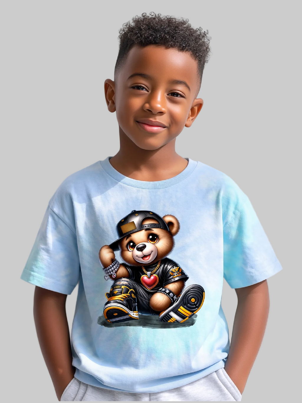 Boys Teddy Bear and Black Hat Tie Dye Short Sleeve T-Shirt