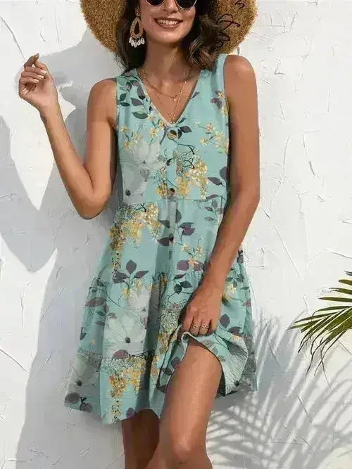 Printed V-Neck Mini Dress – Sleeveless & Button Detail
