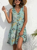 Printed V-Neck Mini Dress – Sleeveless & Button Detail