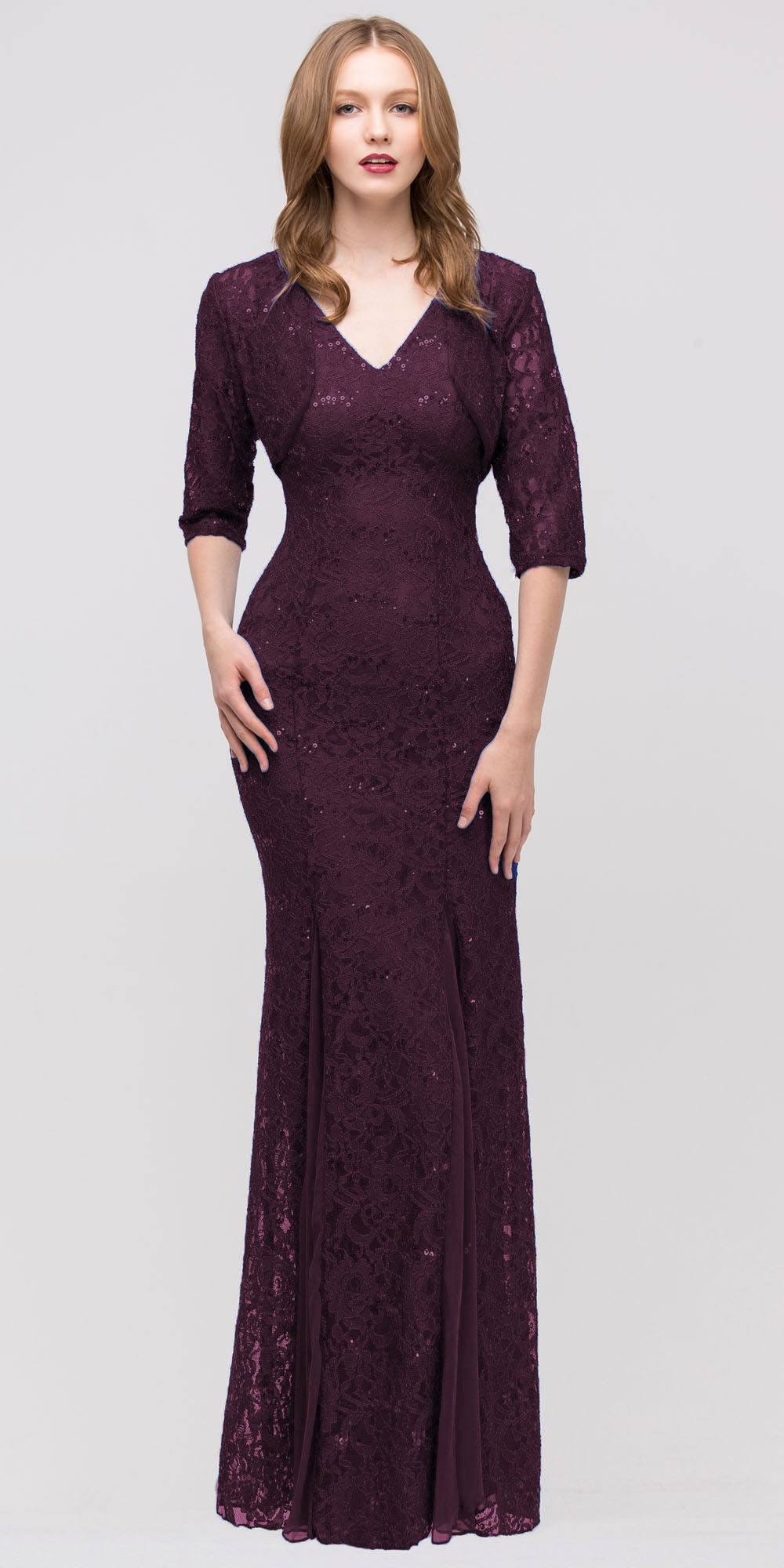 CLEARANCE - Eureka 2030J V-Neck Long Lace Gown Includes Jacket (Size 3XL)