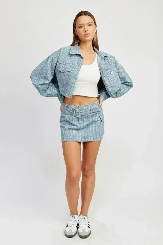BELTED MINI DENIM SKIRT