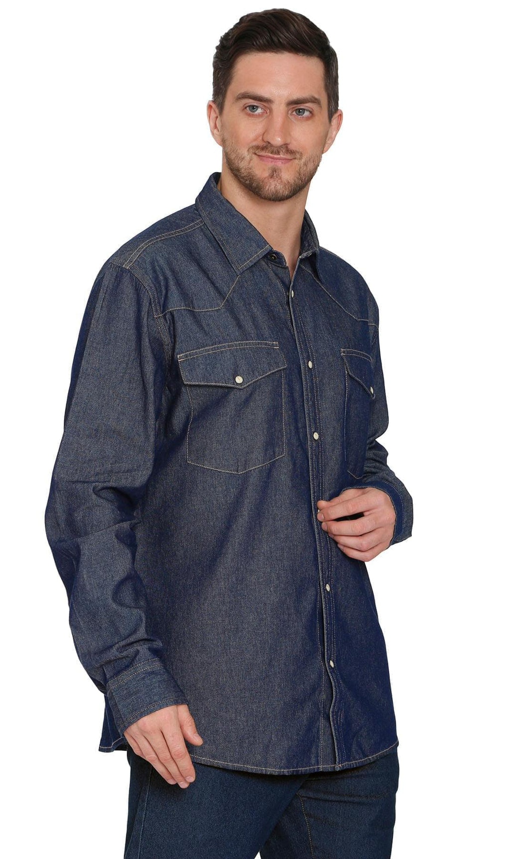 Men's Western Snap Button Shirt — Denim and Twill with Stitched Yoke