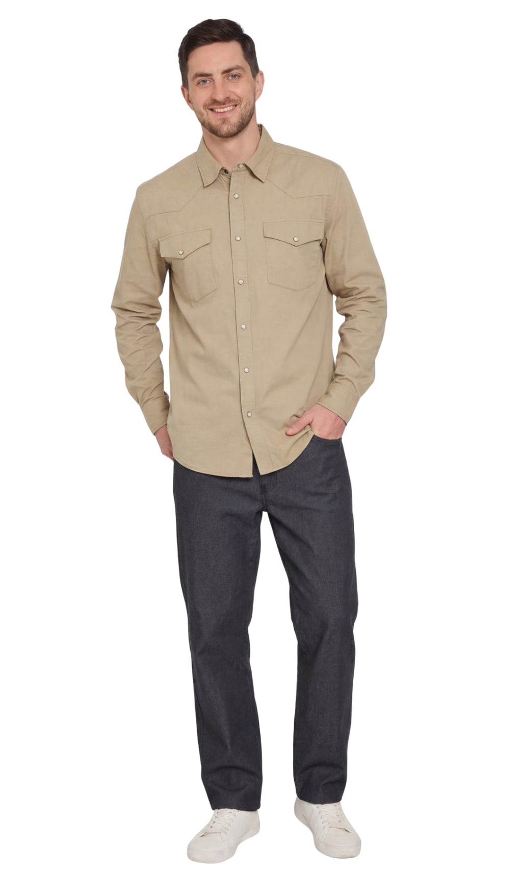 Men's Western Snap Button Shirt — Denim and Twill with Stitched Yoke