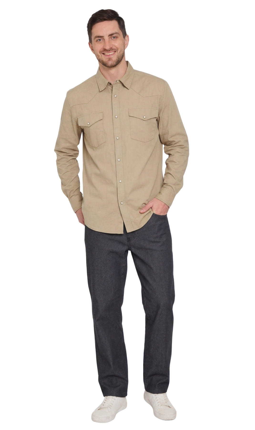 Men's Western Snap Button Shirt — Denim and Twill with Stitched Yoke