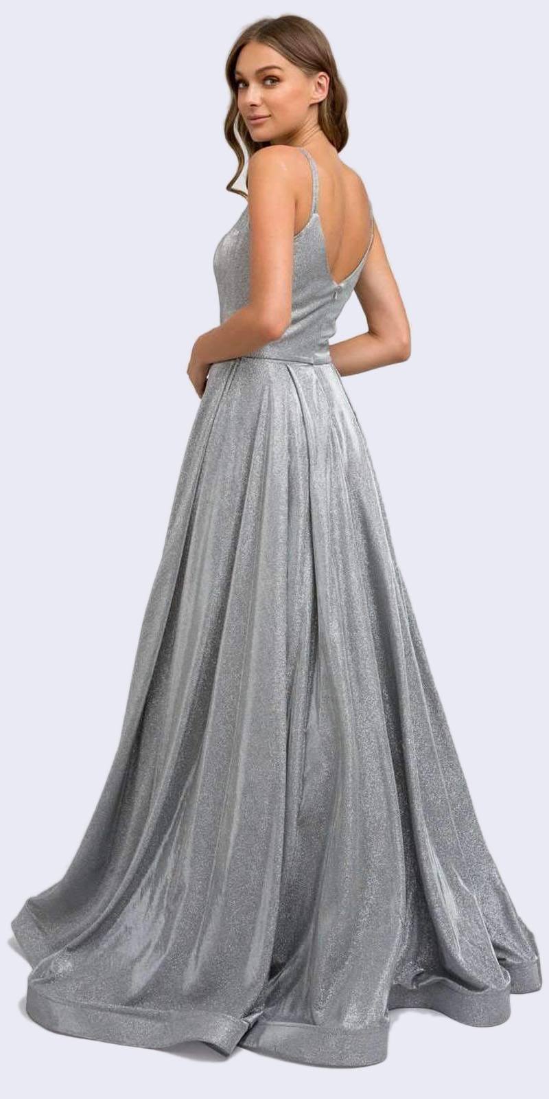 Juliet 206 Long A-Line Glitter Gown Side Pockets
