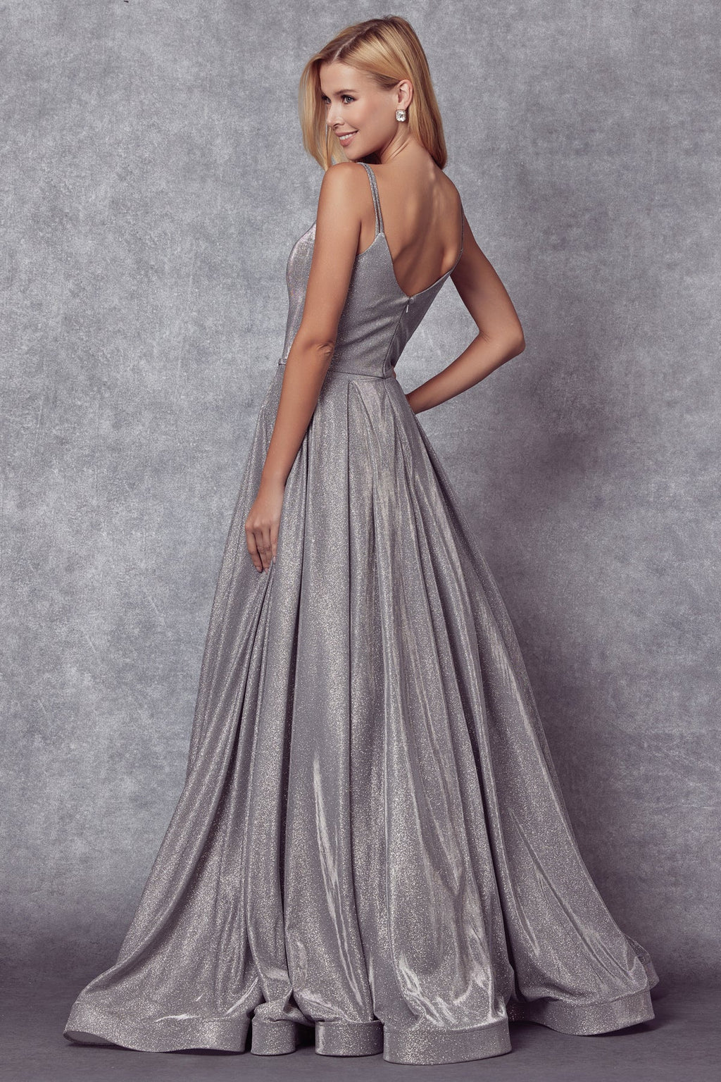 Juliet 206 Long A-Line Glitter Gown Side Pockets
