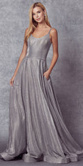 Juliet 206 Long A-Line Glitter Gown Side Pockets