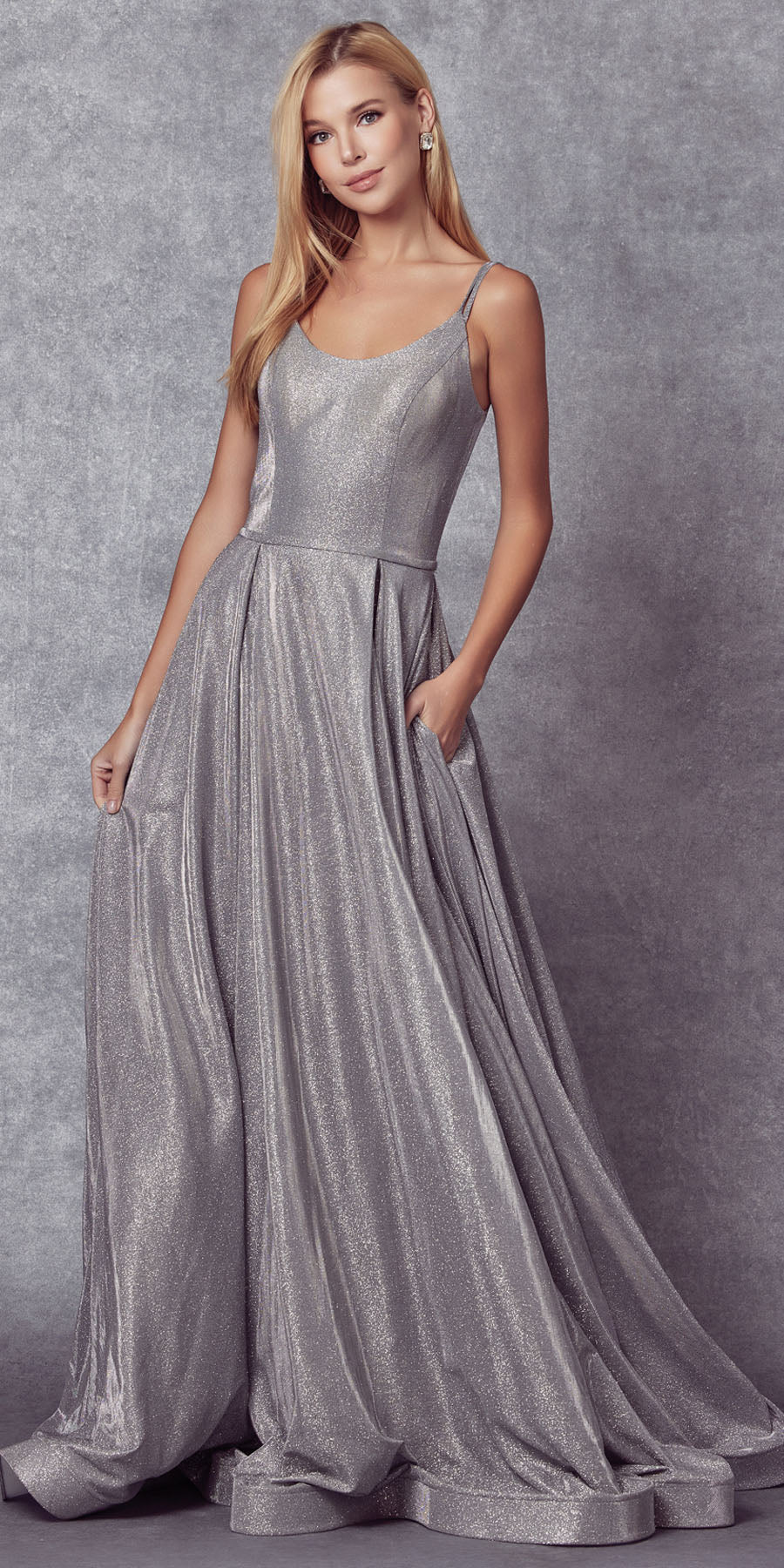 Juliet 206 Long A-Line Glitter Gown Side Pockets