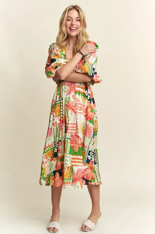 New Summer Floral V-Neck Puff Sleeve Midi Dress For Women – Feminine, Charming, Elegant, Eye-Catching, Perfect for Any Occasion