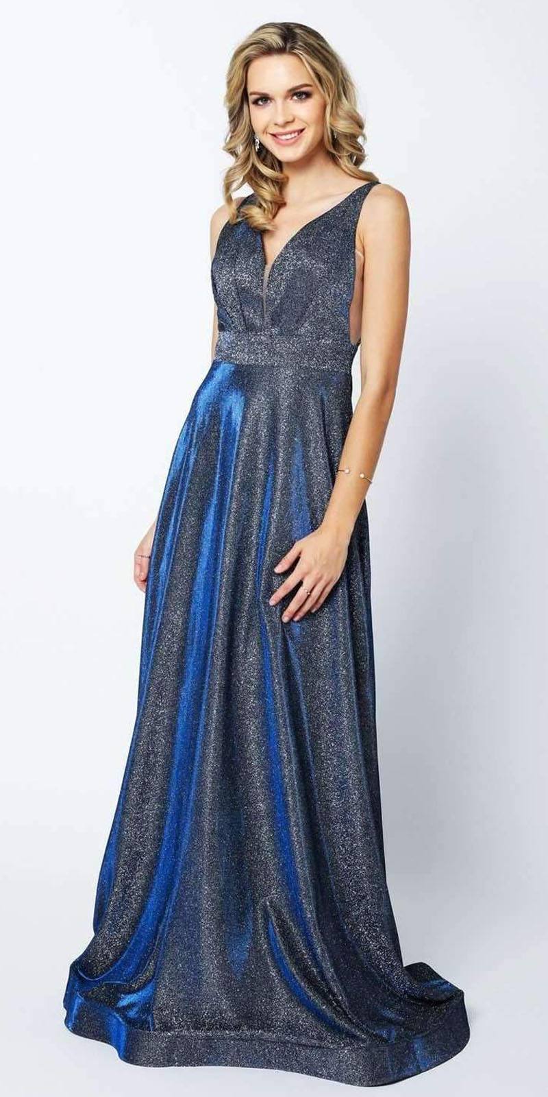 Juliet 208 Cut-Out Strappy Back Glitter Long Dress