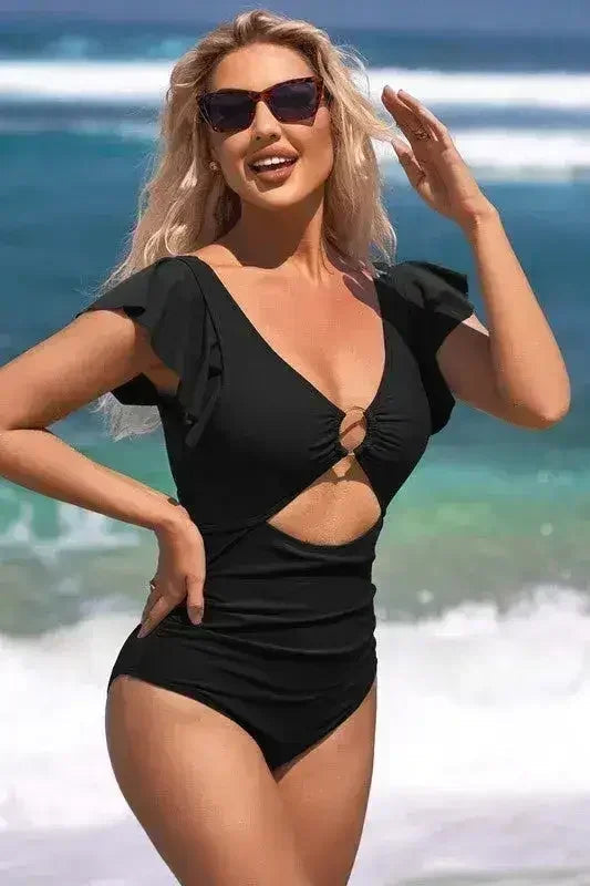 Ruffle Sleeve Swimsuit – O-Ring Cutout with Tummy Control