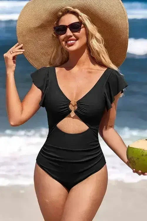 Ruffle Sleeve Swimsuit – O-Ring Cutout with Tummy Control