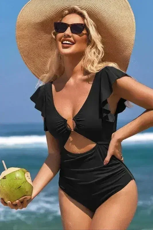 Ruffle Sleeve Swimsuit – O-Ring Cutout with Tummy Control