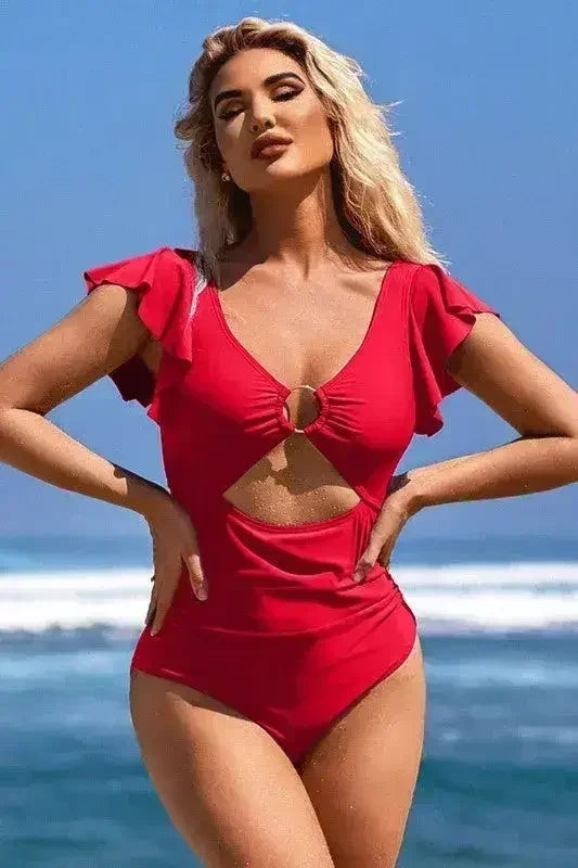 Ruffle Sleeve Swimsuit – O-Ring Cutout with Tummy Control