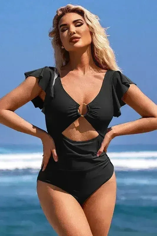 Ruffle Sleeve Swimsuit – O-Ring Cutout with Tummy Control