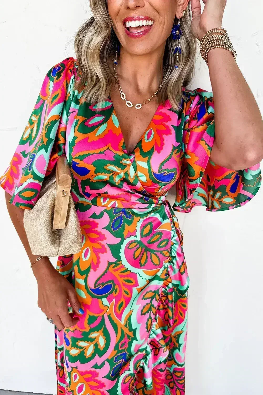 Rose Tropical Plant Print Surplice V Neck Ruffle Hem Maxi Dress