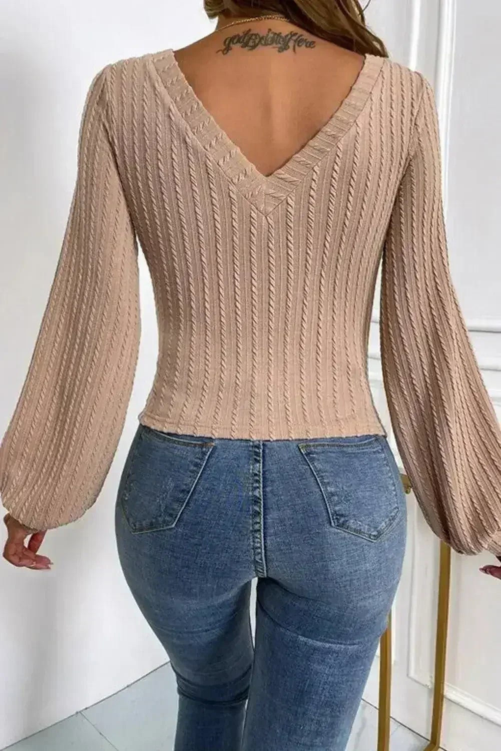 Knitted Jacquard V-Neck Top - Lantern Sleeve Blouse | Femstylo