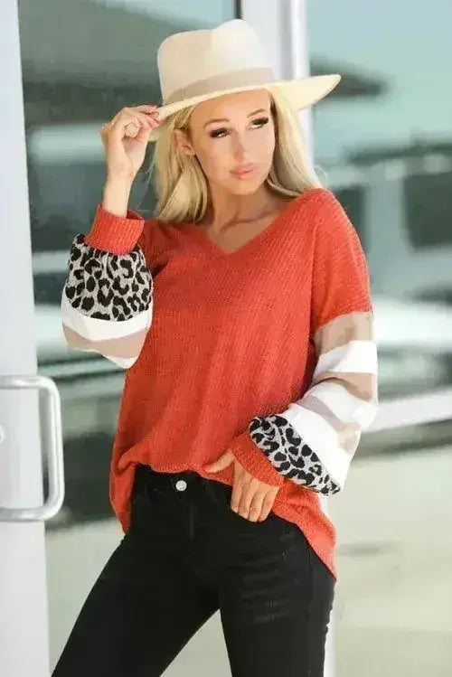 Red V Neck Lantern Sleeve Leopard Stripe Splice Long Sleeve Top
