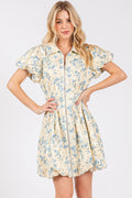 New Summer Floral Eyelet Zipper Front Puff Sleeve Mini Dress For Women – Elegant, Trendy and Chic Floral Eyelet Mini Dress with Puff Sleeves