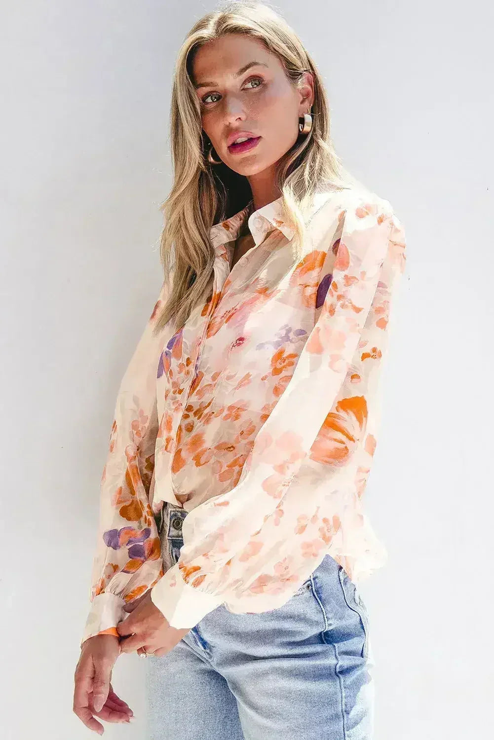 White Balloon Sleeve Floral Shirt - Loose Fit Blouse | Femstylo