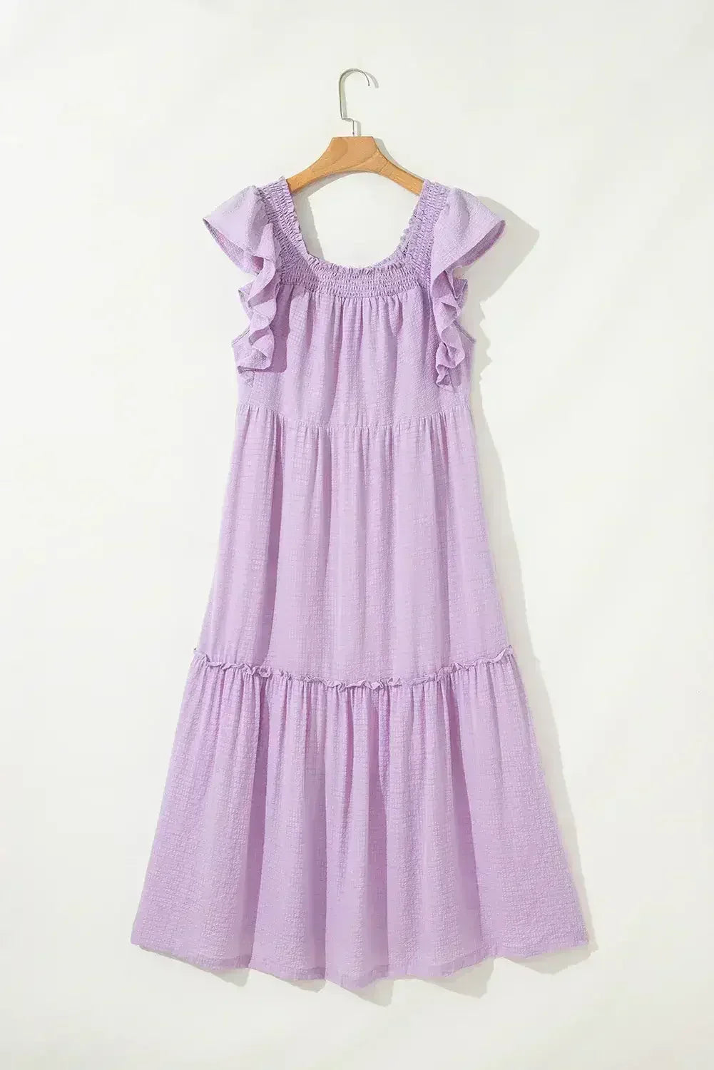 Purple Ruffled Flutter Sleeve Square Neck Textured Tiered Maxi Dress