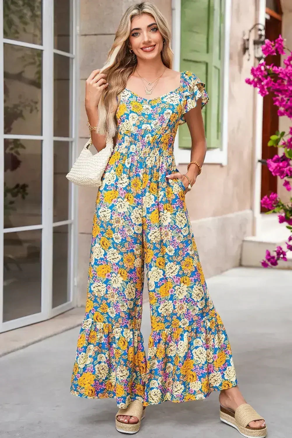 Yellow Floral Allover Print Shirred Cut Out High Waist Jumpsuit