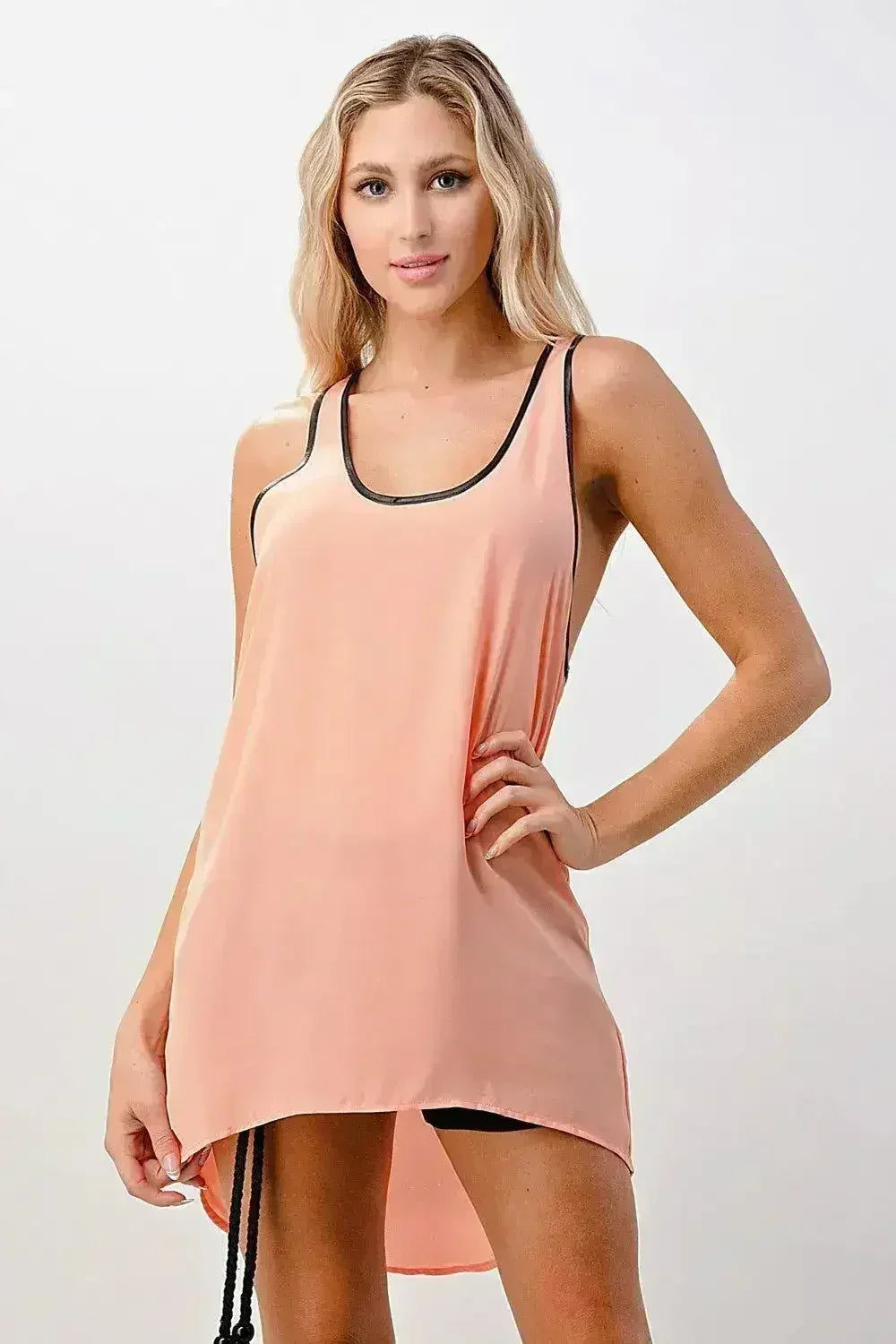 Vegan Leather Trim Tank Top - Scoop Neck Cami in Pink & Yellow | Femstylo
