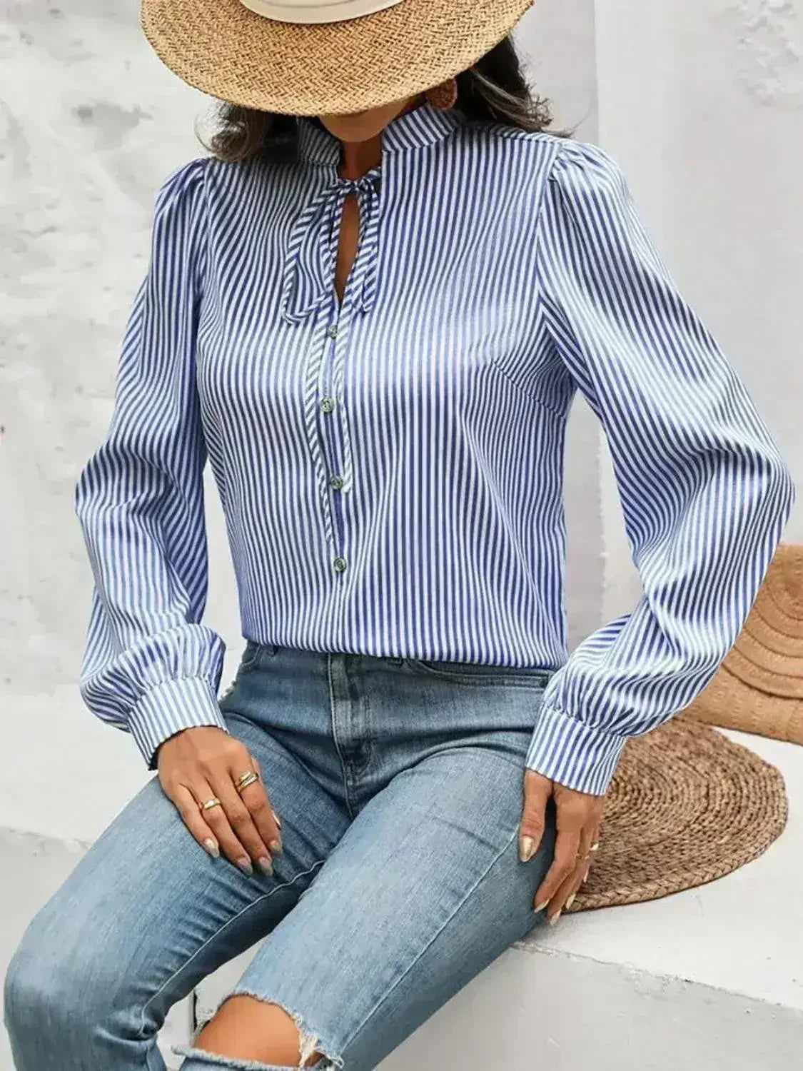 Striped Tie Neck Long Sleeve Blouse – Femstylo