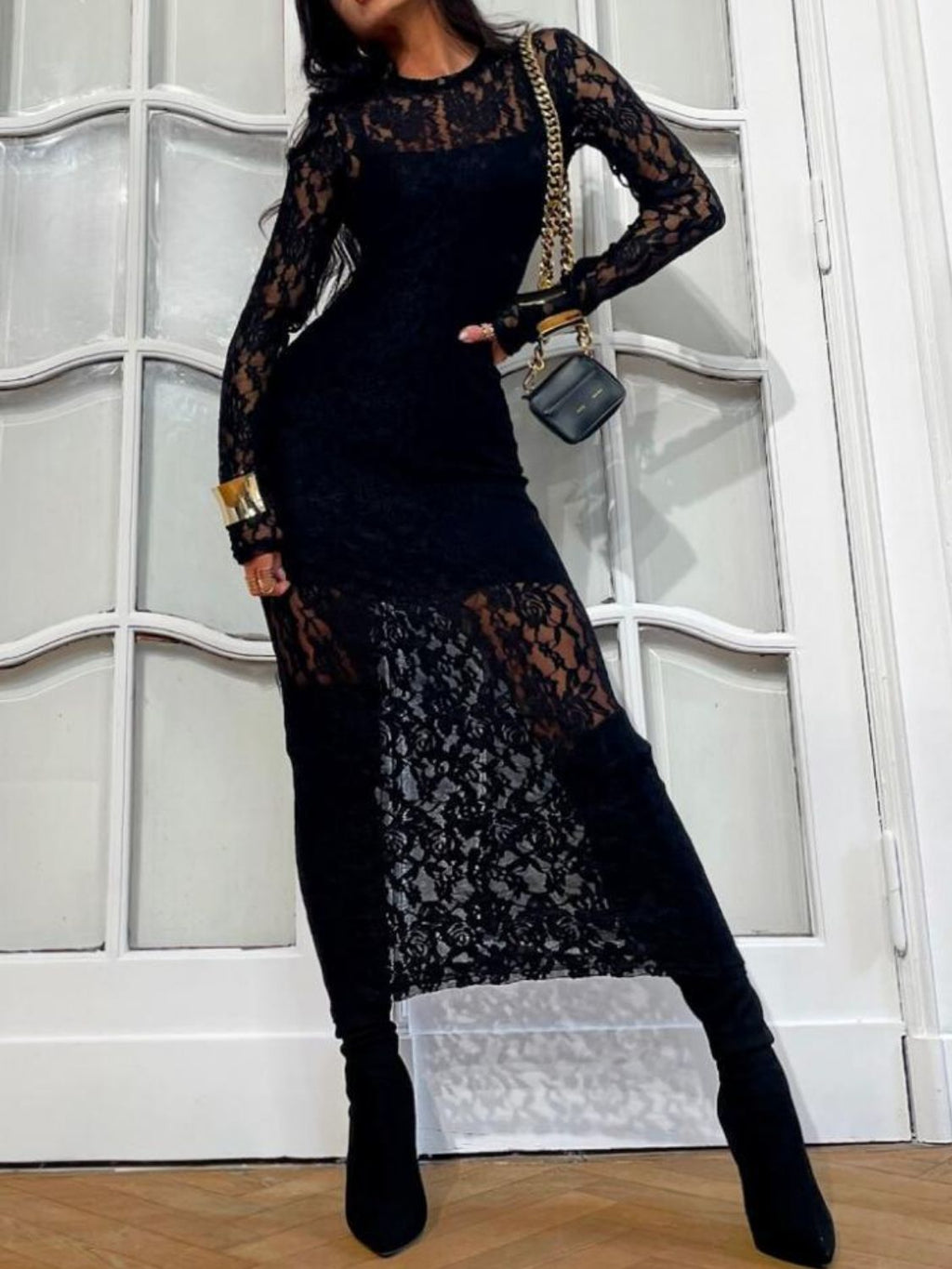 Black Lace Round Neck Long Sleeve Midi Dress Timeless & Elegant Design Women Dress