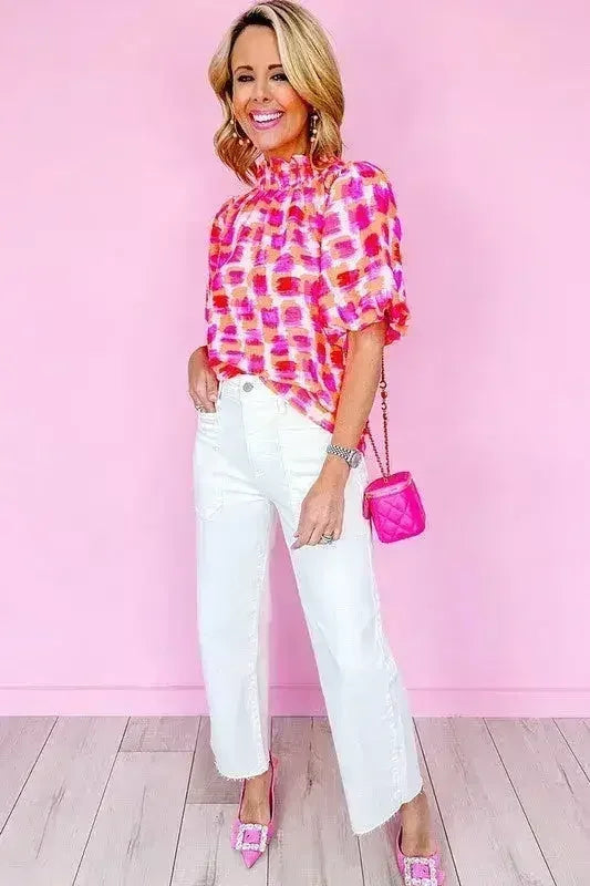 Women Print Button Back Ruffed High Neck Blouse | Femstylo