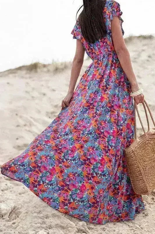 Floral Print V-Neck Wrap Maxi Dress - Women's Elegant Long Dress