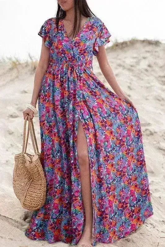 Floral Print V-Neck Wrap Maxi Dress - Women's Elegant Long Dress