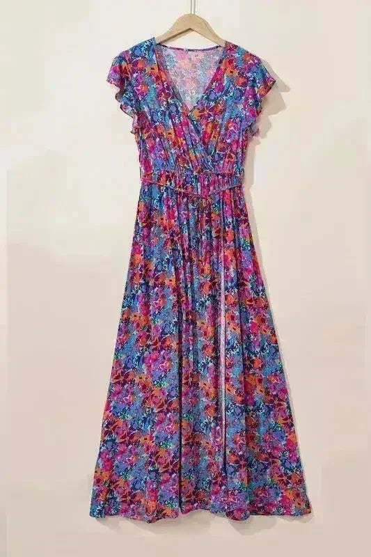 Floral Print V-Neck Wrap Maxi Dress - Women's Elegant Long Dress