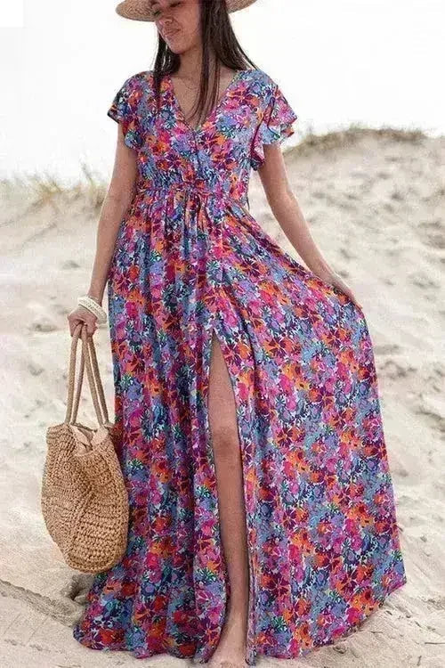 Floral Print V-Neck Wrap Maxi Dress - Women's Elegant Long Dress