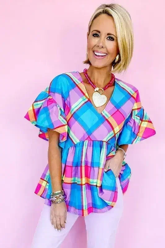 Women V Neck Ruffled Short Sleeve Babydoll Top | Femstylo